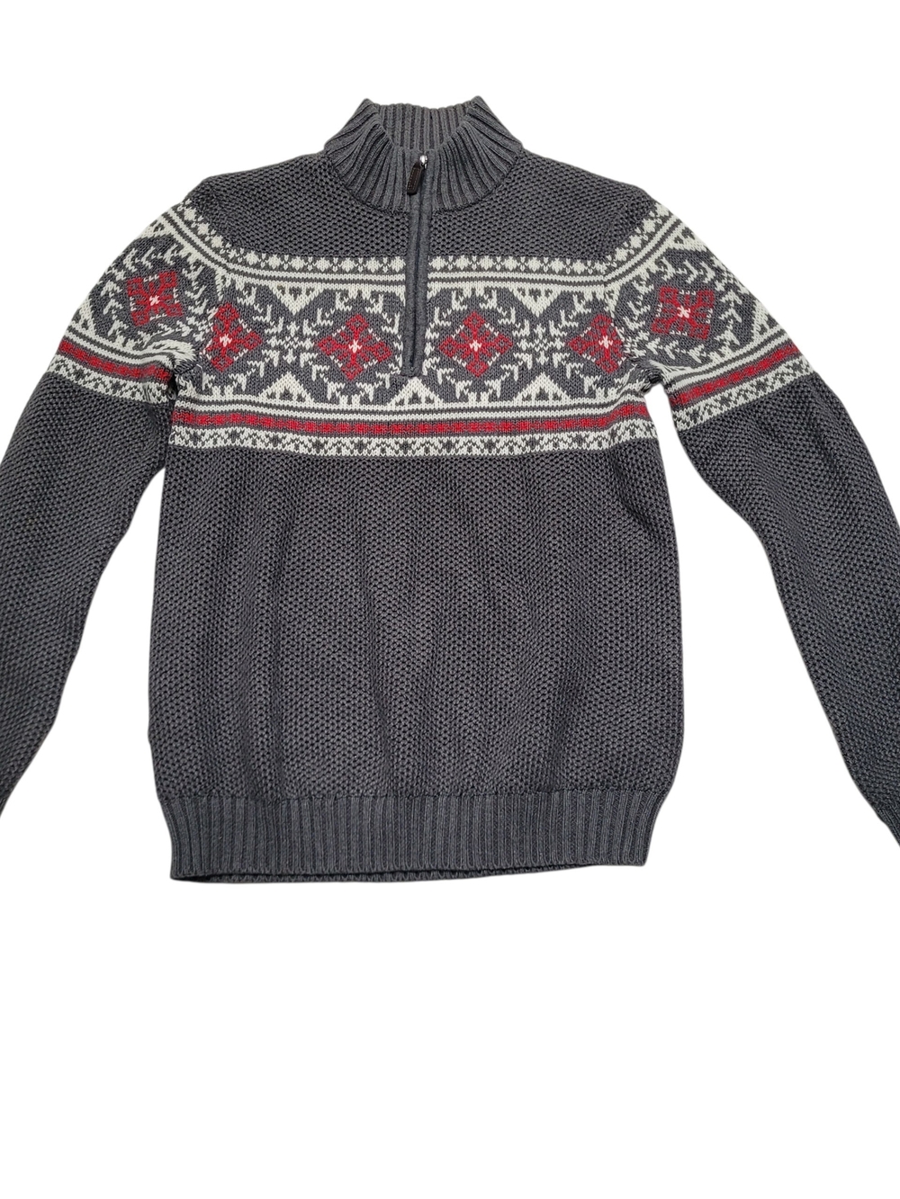 IZOD Sweater Fair Isle Nordic Knit Mens S Grey Chunky Cotton Quarter Zip Snow